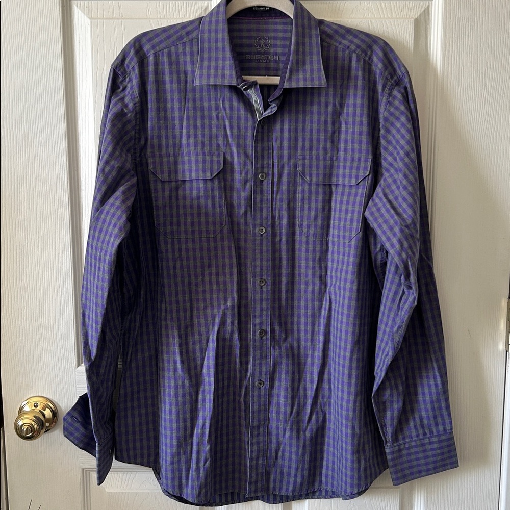 Bugatchi Umo Mens Classic Fit Purple Gray Plaid Check Button Down Shirt Sz Large
